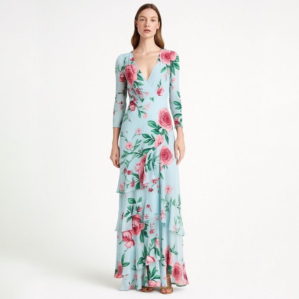 Fame & Partners Floral V-Neck Maxi Dress in Blue Size 2